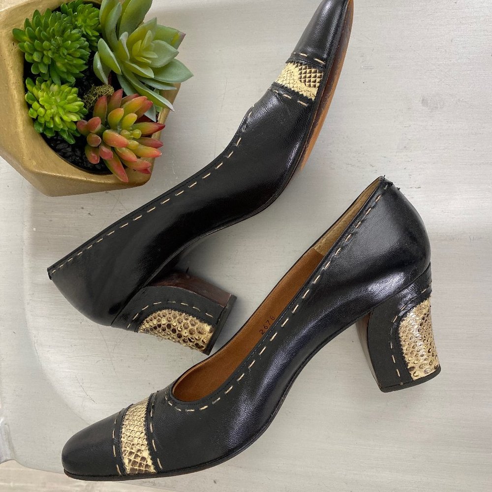 Vintage Rosina Ferragamo Schiavone Black Leather Lizard Spectator Pumps Heels 9